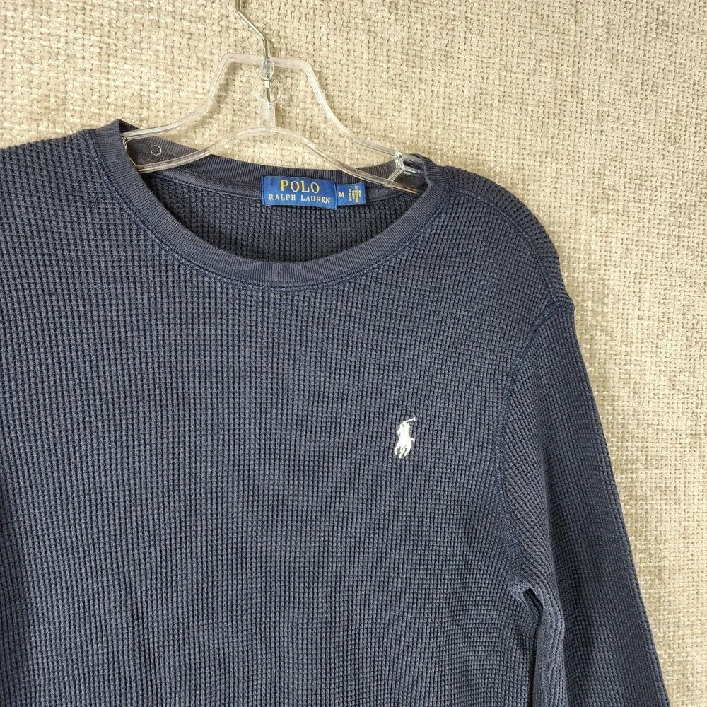 POLO Ralph Lauren Waffle Knit Long Sleeve‎ Top Shirt Mens *S-M Navy Blue Stretch